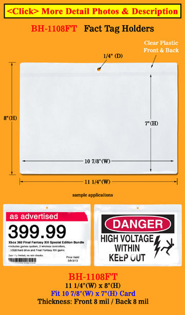 Large Size Plastic Fact Tag Sleeves For Product Specifiations or Display Cards