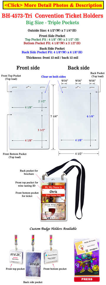 Triple Pockets Convention Ticket Holders For Name Badges, Tickets and Business Cards