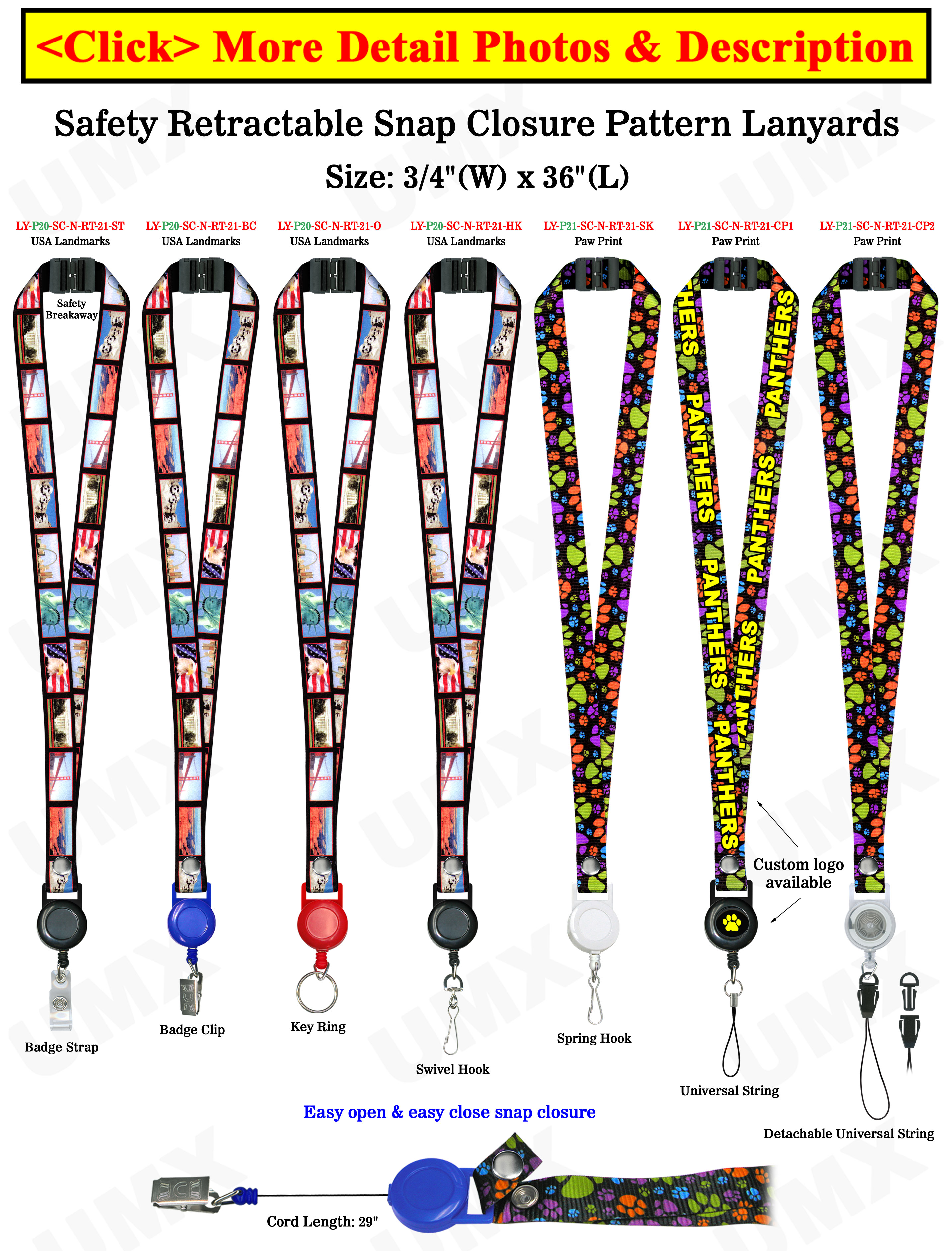 Printed Retractable Breakaway Lanyards: with 3/4"  Pre-Printed Neck Straps