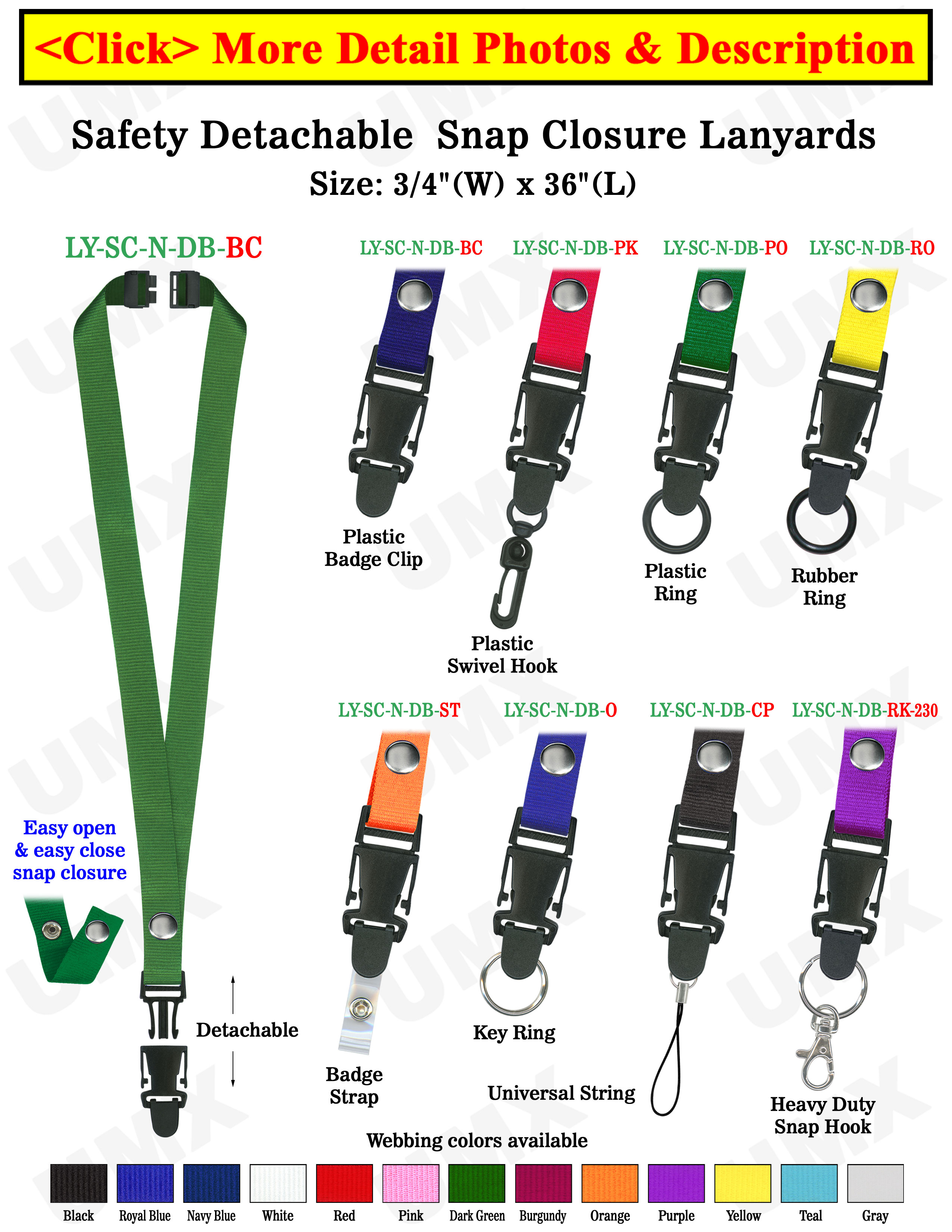 Detachable Lanyards: 3/4" Neck Straps: Snap Closure ID Card Holders