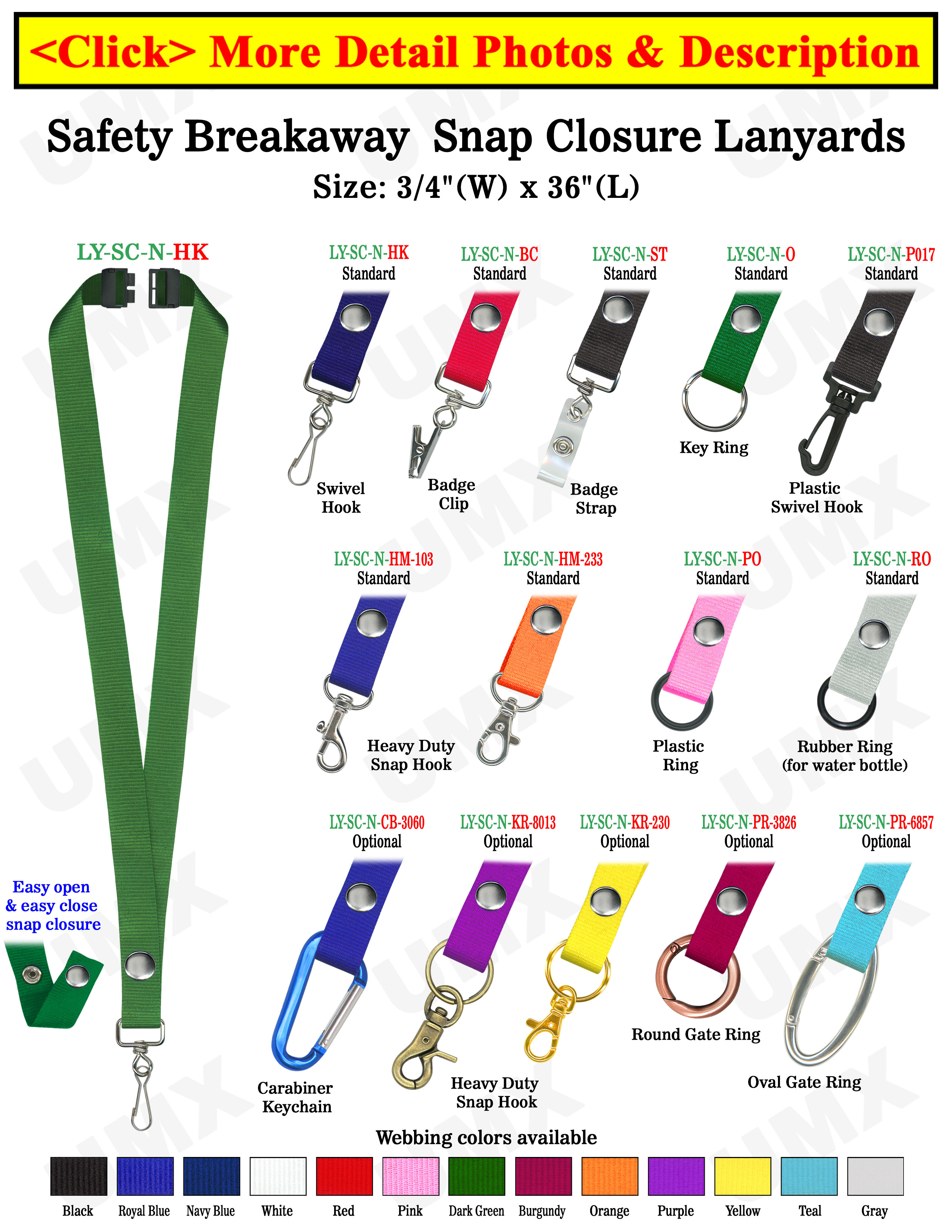 Single Breakaway Lanyards: 3/4" Safety Neck Straps: Snap Closure ID Holders