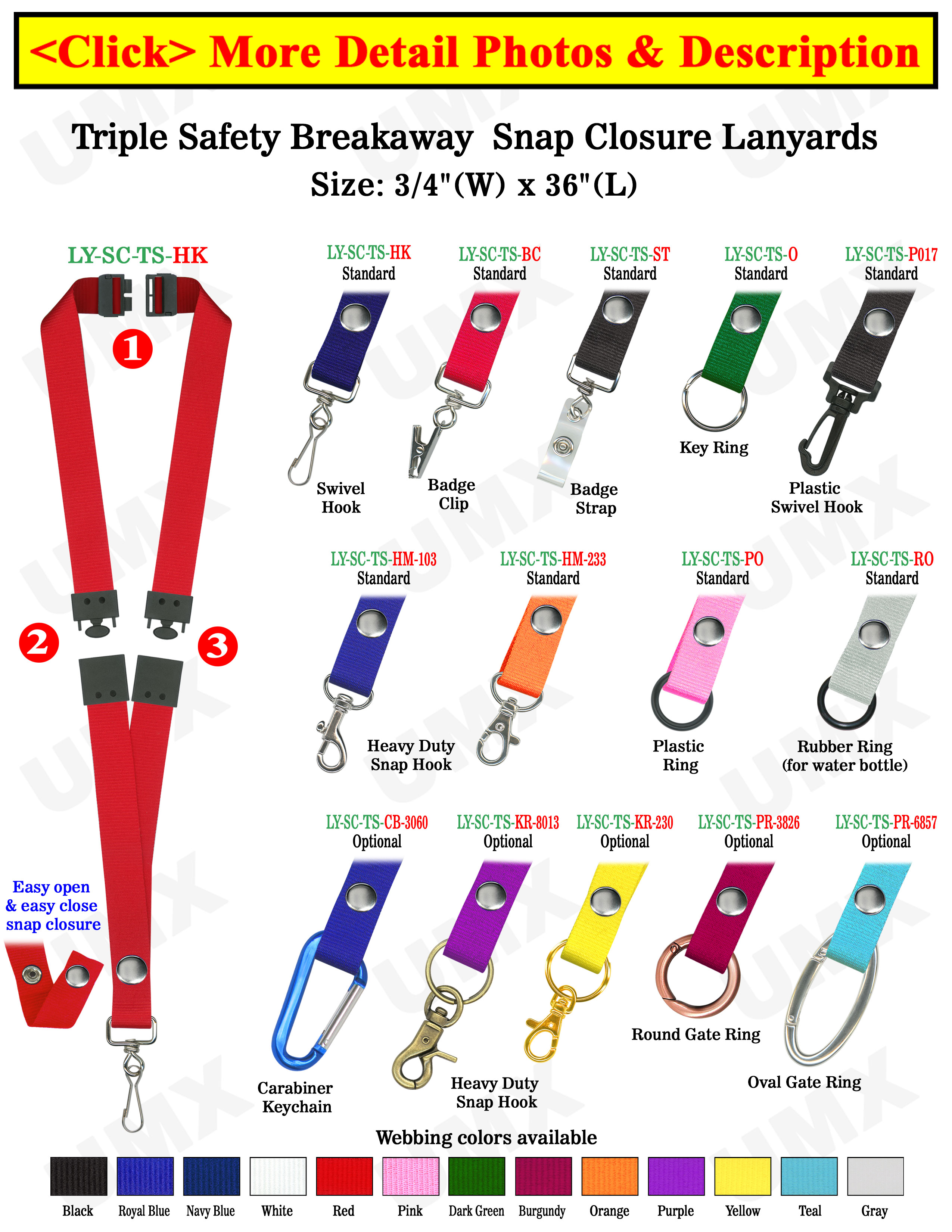 Triple Breakaway Lanyards: 3/4" Safty Neck Straps: Snap Closure ID Badge Holders