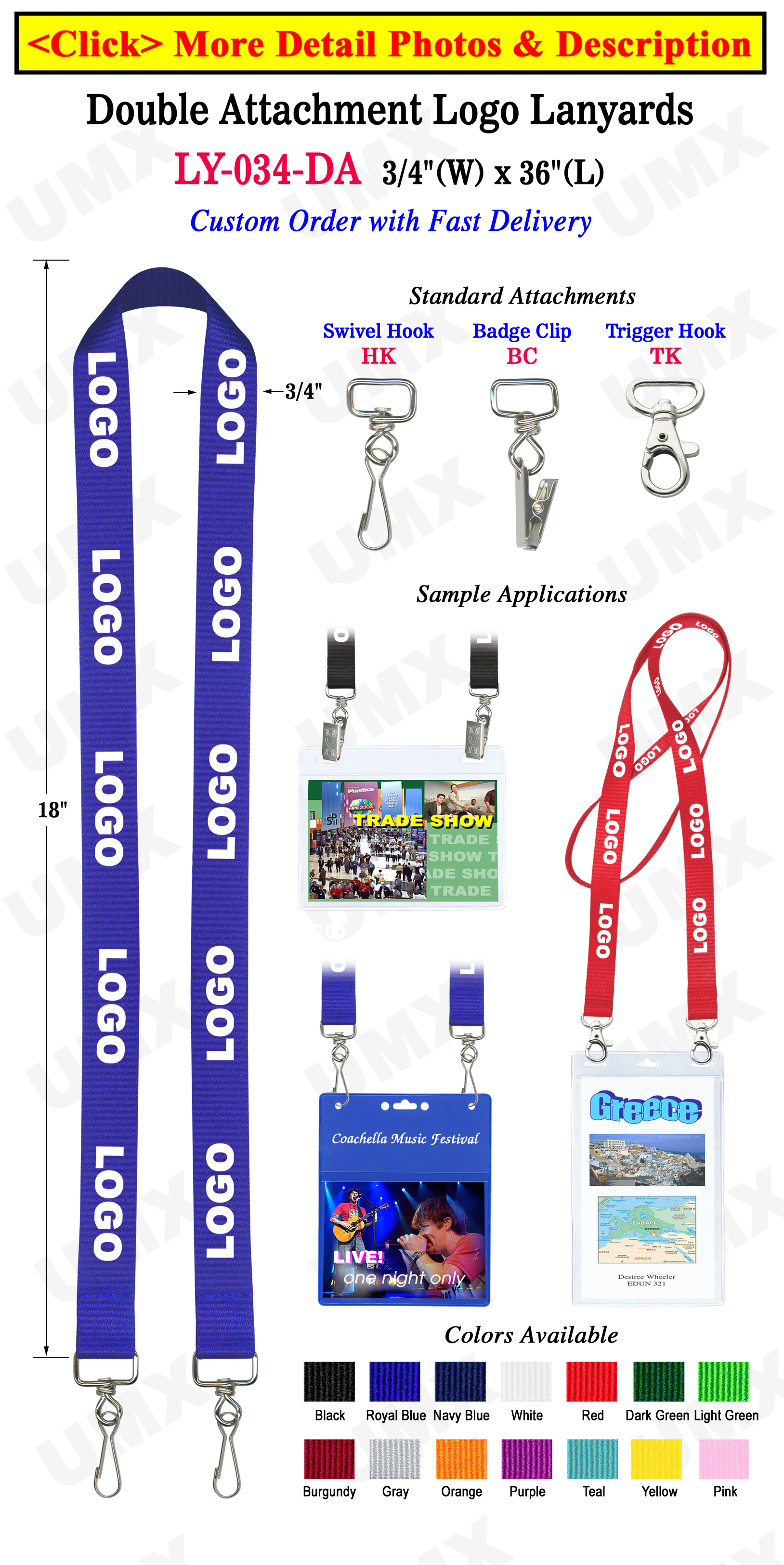 3/4" Trade Show Custom Printed Lanyards For Badges  with Two Clip Holes LY-034-DA/Per-Piece