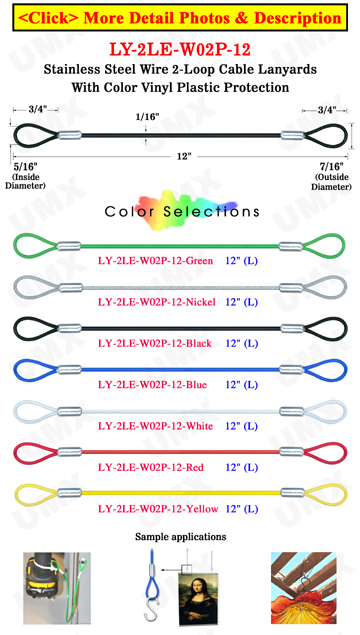 6" Two-Loop: Stainless Steel Cable Lanyards: With Colored Vinyl Protection