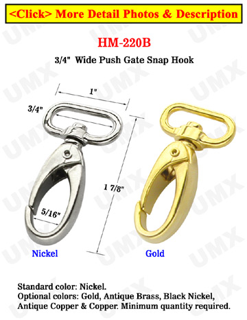 3/4" Dog Leash Push Gate Snap Hooks For Flat Straps